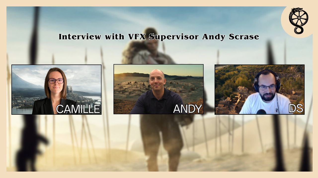 En fond, une image de la série, Rand portant Moiraine, floutée en avant plan les photos de Camille, Andy Scrase et D.S, les intervenants de l'interview